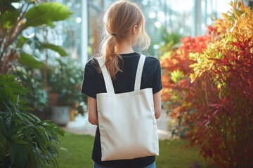 Back view of a young woman with a canvas tote bag and ponytail in a sunlit greenhouse, wearing a black t-shirt and surrounded by lush green and red plants, calm and contemplative
