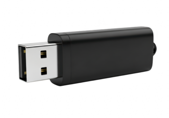 Black usb flash drive isolated on transparent background for data storage and transfer, a portable device for computer and technology