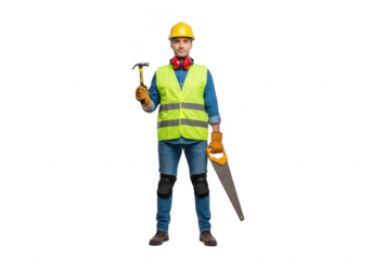 Full body shot of a construction worker with a hammer and saw isolated on transparent background, wearing a yellow helmet and vest