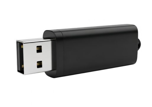 Black usb flash drive isolated on transparent background for data storage and transfer, a portable device for computer and technology