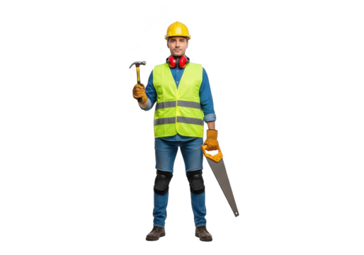 Full body shot of a construction worker with a hammer and saw isolated on transparent background, wearing a yellow helmet and vest