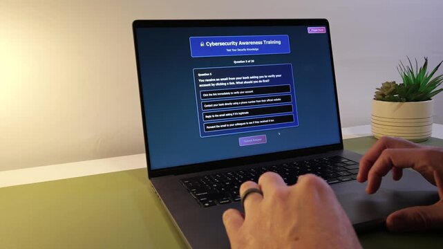 Middle Aged Man Taking Corporate Employee Information Security Awareness Training - Cybersecurity User Education Concept