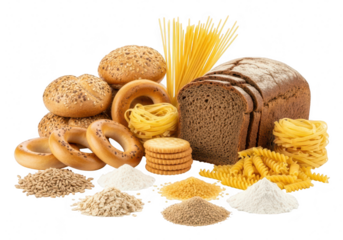 Pile of various carbohydrate sources isolated on transparent background including bread, pasta, bagels, cookies, and grains for healthy eating
