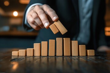 hand in a suit placing wooden blocks into a rising bar chart on a wooden table, warm blurred background, conveying careful strategic planning and focused determination