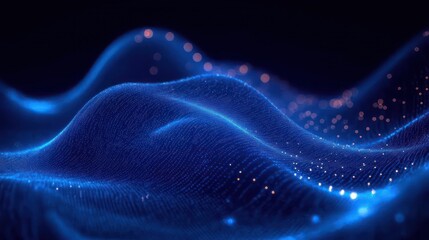 glowing blue digital wave mesh with floating orange particles and smooth flowing surface conveying calm futuristic motion