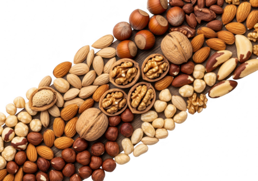 Assorted nuts isolated on transparent background, including almonds, hazelnuts, walnuts, and brazil nuts, providing a healthy and nutritious snack option