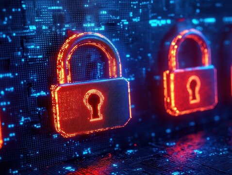 Neon glowing padlocks with keyhole silhouettes on a blue circuit board style digital matrix, orange and blue illumination conveying cybersecurity, protection and tense alertness