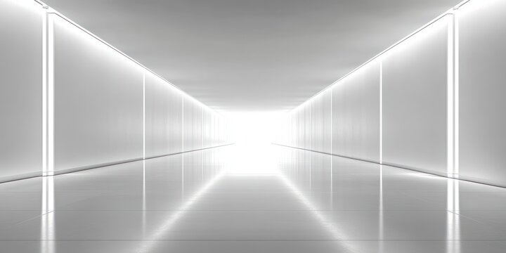 minimalist white futuristic corridor with glowing vertical light strips, glossy reflective floor, strong symmetry and a bright vanishing point conveying calm and ethereal atmosphere