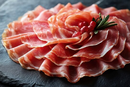 Thinly sliced cured ham arranged like a rose on a dark slate with a rosemary sprig and red berries, appetizing and elegant