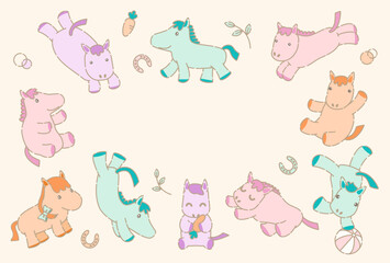 パステルカラーのかわいい馬キャラクターが円形に並ぶフレームデザイン