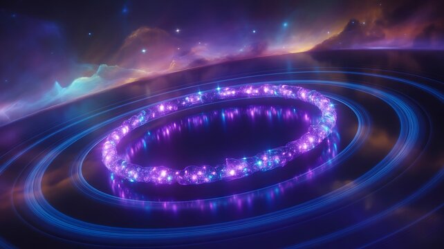 Vibrant glowing ring in cosmic space landscape with bright energy lights

