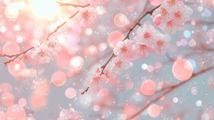 Sunlit pink cherry blossom branches with delicate flowers, soft pastel bokeh circles and sparkling light creating a dreamy, romantic, serene atmosphere