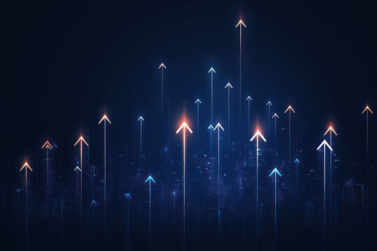Glowing blue and orange arrows rising above a dark digital city skyline with vertical light trails, conveying optimism, upward momentum and futuristic progress - Powered by Adobe