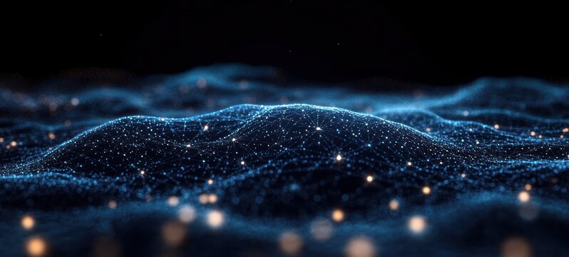 Mesmerizing glowing blue digital landscape of connected nodes and wireframe waves dotted with warm golden lights under a dark sky