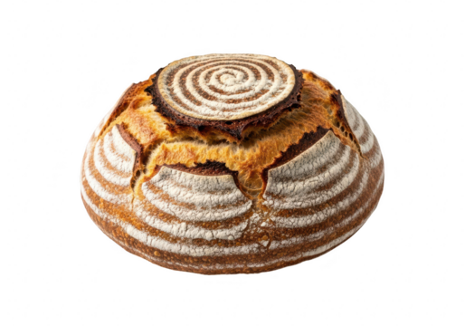 Freshly baked sourdough bread loaf isolated on transparent background, showcasing its golden crust and intricate scoring pattern