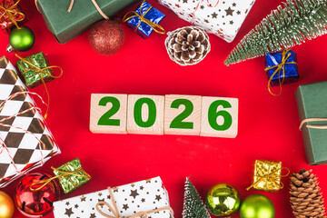 Happy New Year 2026, Christmas 2026, Christmas gifts placed in a festive atmosphere 