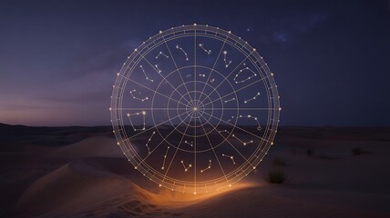 Glowing zodiac constellation circle above peaceful desert night
