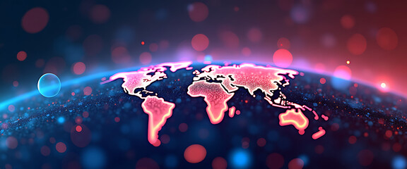 Abstract global map with glowing red and blue lights on dark background