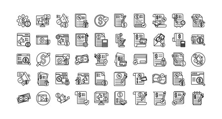 Paid icon set collection. Containing profit, article, marketing, search, revenue, assessment, options .Line vector icons collection
