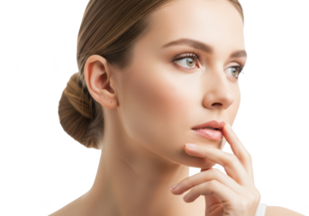 Closeup of a beautiful woman with fair skin looking away and touching her lips, isolated on transparent background
