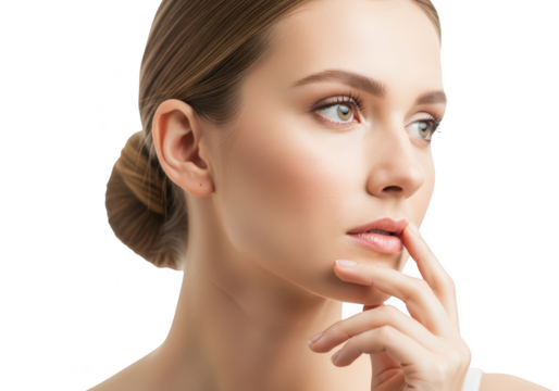 Closeup of a beautiful woman with fair skin looking away and touching her lips, isolated on transparent background