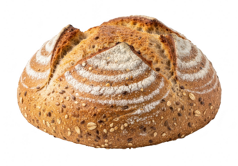 Closeup of a freshly baked loaf of multigrain bread isolated on transparent background, showcasing its texture and golden crust