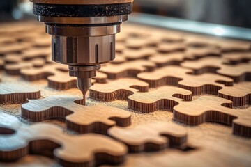 Close-up of a milling cutter carving interlocking wooden puzzle pieces on a worktable, warm light and precise craftsmanship