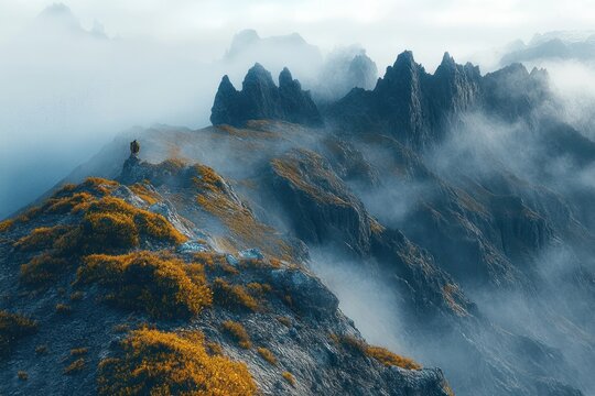 lone hiker on a golden shrub-lined rocky ridge overlooking jagged mist-shrouded mountain peaks, serene awe and contemplative solitude - Powered by Adobe