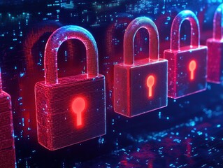 row of glowing red digital padlocks with illuminated keyholes against a blue matrix data background, conveying futuristic secure protection and vigilance