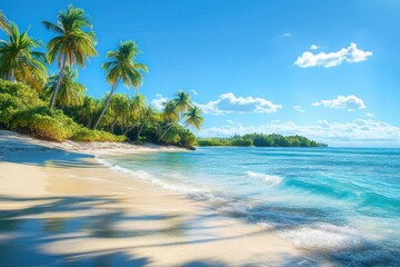sunlit tropical beach with leaning palm trees, turquoise waves lapping white sand under a bright blue sky with scattered clouds, peaceful and inviting