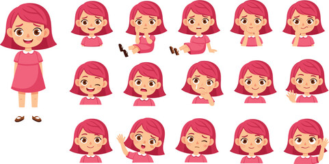 Cute little girl character set showing various facial expressions and poses for emotions, activities, and animation design in vector style