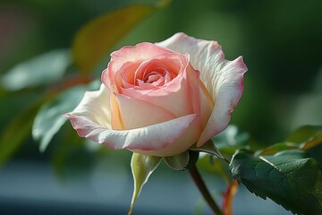 single pale pink rose blossom with soft layered petals and green leaves in a serene romantic mood