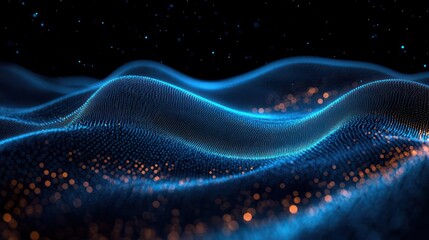 ethereal serene blue particle waves forming an undulating glowing mesh with scattered warm orange bokeh and a starry dark backdrop