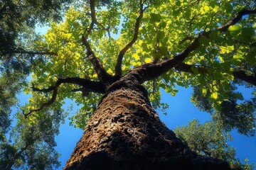 Upward view of a tall moss-covered tree trunk with twisting branches and bright green leaves against a clear blue sky, evoking calm and wonder