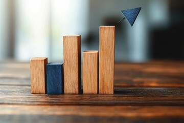 wooden bar chart of five vertical wooden blocks on a table with one blue block and a pinned blue triangular arrow pointing upward, conveying growth and optimism