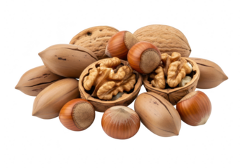 Pile of assorted nuts, including walnuts, hazelnuts, and pecans isolated on transparent background, perfect for healthy snacks