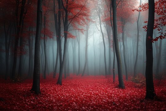 Misty forest with tall dark trunks and a carpet of vivid red leaves, eerie and tranquil atmosphere - Powered by Adobe
