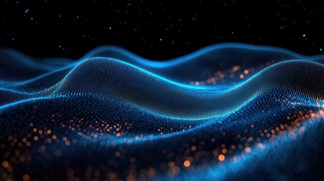 ethereal serene blue particle waves forming an undulating glowing mesh with scattered warm orange bokeh and a starry dark backdrop