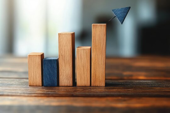 wooden bar chart of five vertical wooden blocks on a table with one blue block and a pinned blue triangular arrow pointing upward, conveying growth and optimism
