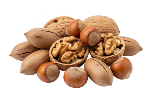 Pile of assorted nuts, including walnuts, hazelnuts, and pecans isolated on transparent background, perfect for healthy snacks
