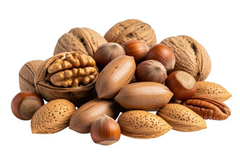Pile of assorted nuts isolated on transparent background walnuts, pecans, almonds and hazelnuts, a healthy and nutritious snack