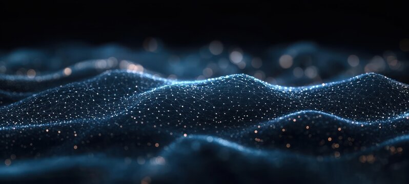 undulating digital mesh of connected glowing blue nodes and lines with scattered golden particles on a dark background, serene futuristic network landscape - Powered by Adobe