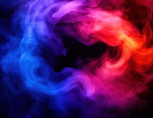 Fototapeta premium Vibrant swirling blue, purple and red smoke ring forming a dark center, glowing ethereal vapor conveying mystery and energetic motion
