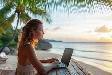 Woman working on a laptop at a wooden table under palm fronds on a tropical beach at sunset, calm and focused mood