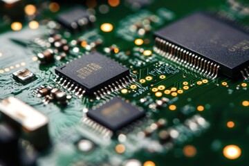 close-up of a green printed circuit board with integrated microchips, solder pads, metallic traces and surface-mount components, evoking precision and high-tech focus