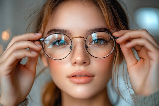 close-up of hands adjusting eyeglasses near brown hair and cozy sweater, soft warm lighting conveying a calm thoughtful mood