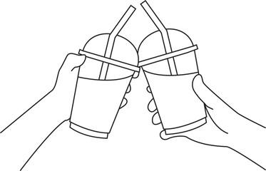 Hands of teenage girls holding glass of ice coffee together hand drawing  vector.