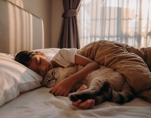 Young child sleeping and cuddling with a relaxed cat in a bed, soft afternoon light, cozy and warm domestic scene