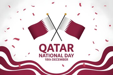 Two crossed qatar flags displayed with national day text and confetti on white background