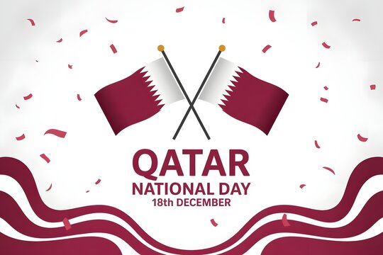 Two crossed qatar flags displayed with national day text and confetti on white background - Powered by Adobe